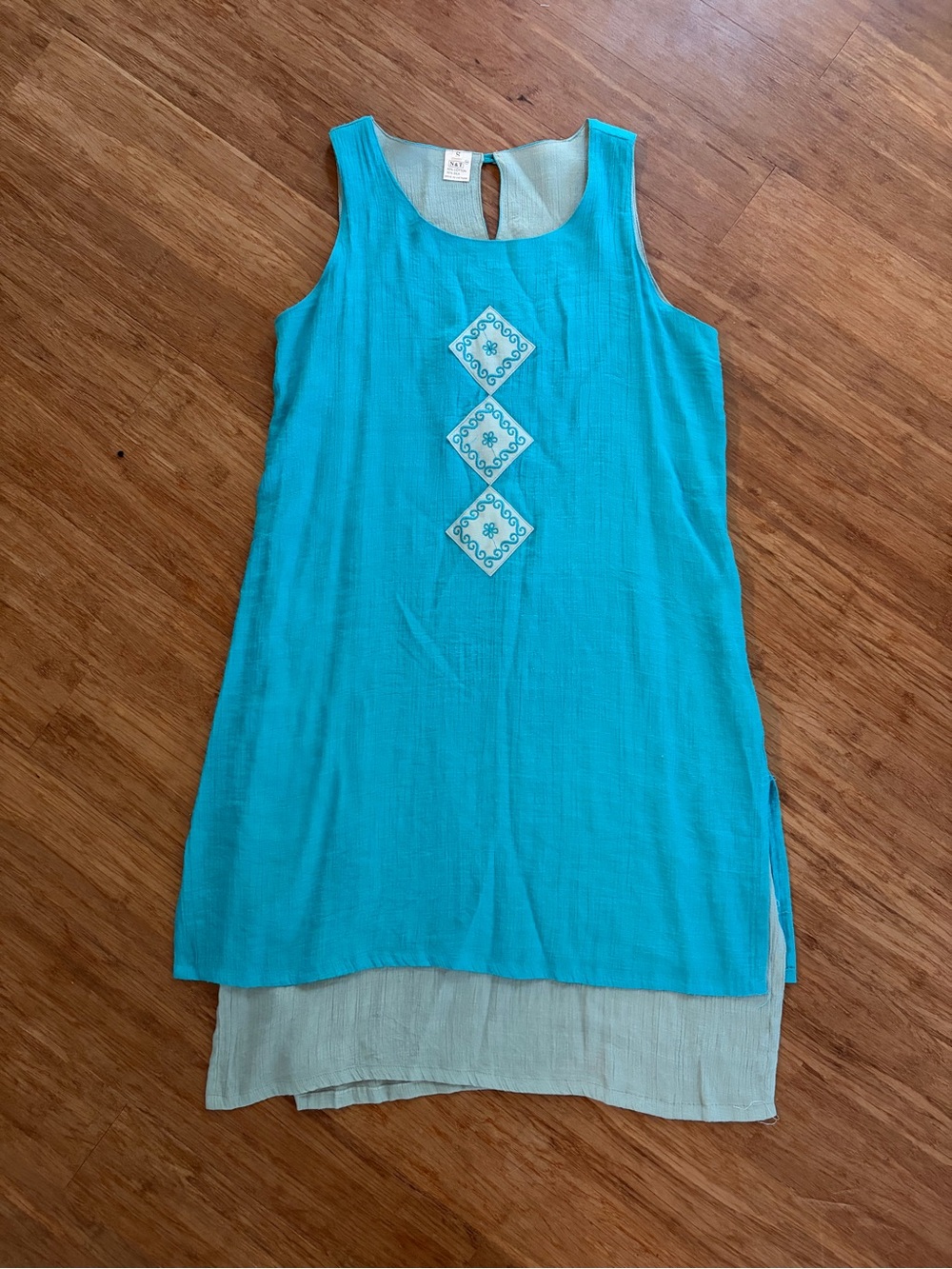 N&T Vintage Silk Cotton Blend Layered Tunic Dress Turquoise Boho Sz S